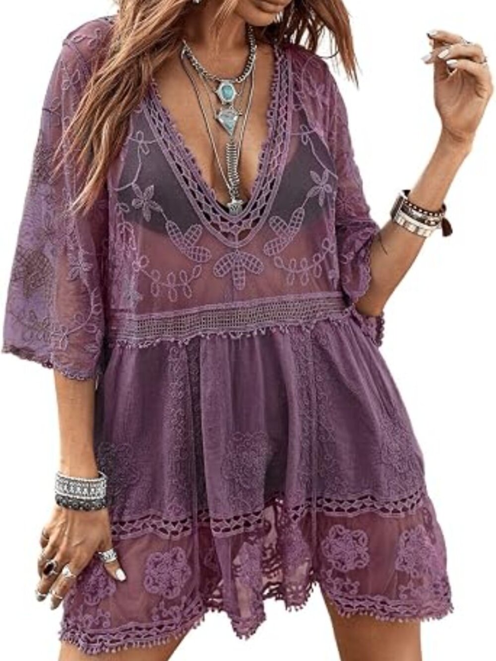 Boho Lace V-Neck Tunic in earthy purple